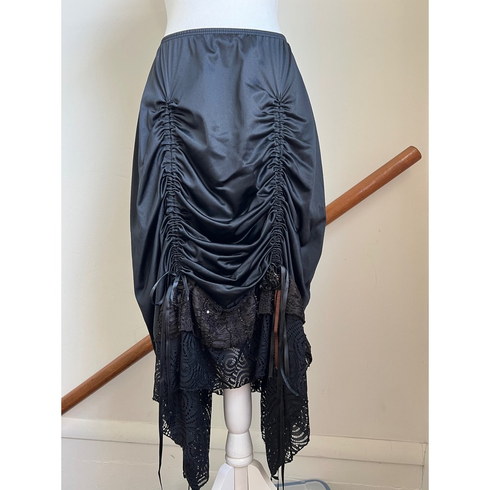 Vintage Midi Skirt Black Ruched Lace Sequin Asymmetrical Steampunk Whimsigoth